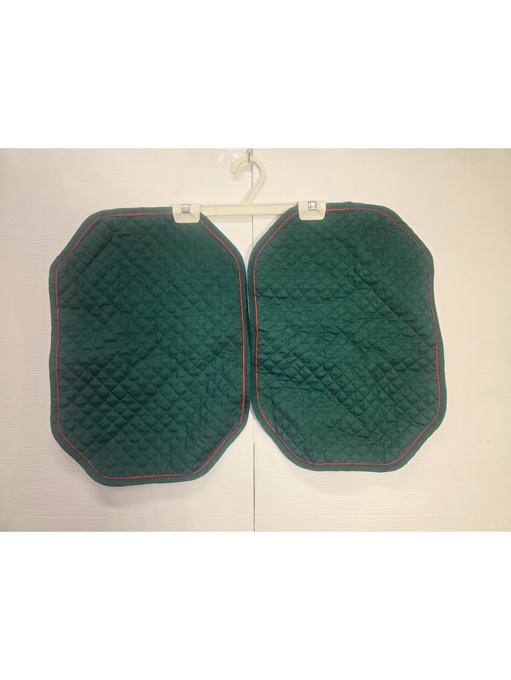 Set of 4 Vintage Quilted Hunter Green Placemats Red Trim Reversible Octagon